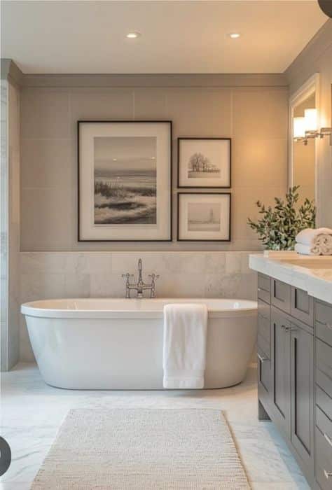 _ 11 Luxurious bathroom with elegant freestanding tub, modern decor, and soft lighting for a serene, spa-like atmosphere. | Sky Rye Design Luxurious bathroom with elegant freestanding tub, modern decor, and soft lighting for a serene, spa-like atmosphere.