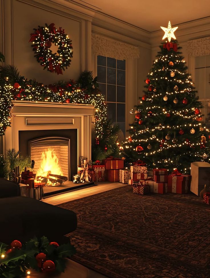 _ 11 Cozy Christmas living room with decorated tree, glowing fireplace, and wrapped gifts, creating a warm holiday ambiance. | Sky Rye Design Cozy Christmas living room with decorated tree, glowing fireplace, and wrapped gifts, creating a warm holiday ambiance.