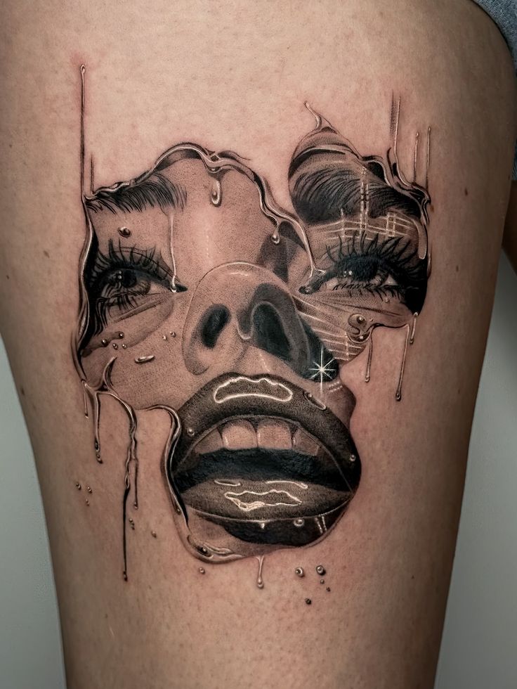 Realistic 3D face tattoo with water droplet effect on skin, featuring detailed eyes and lips.