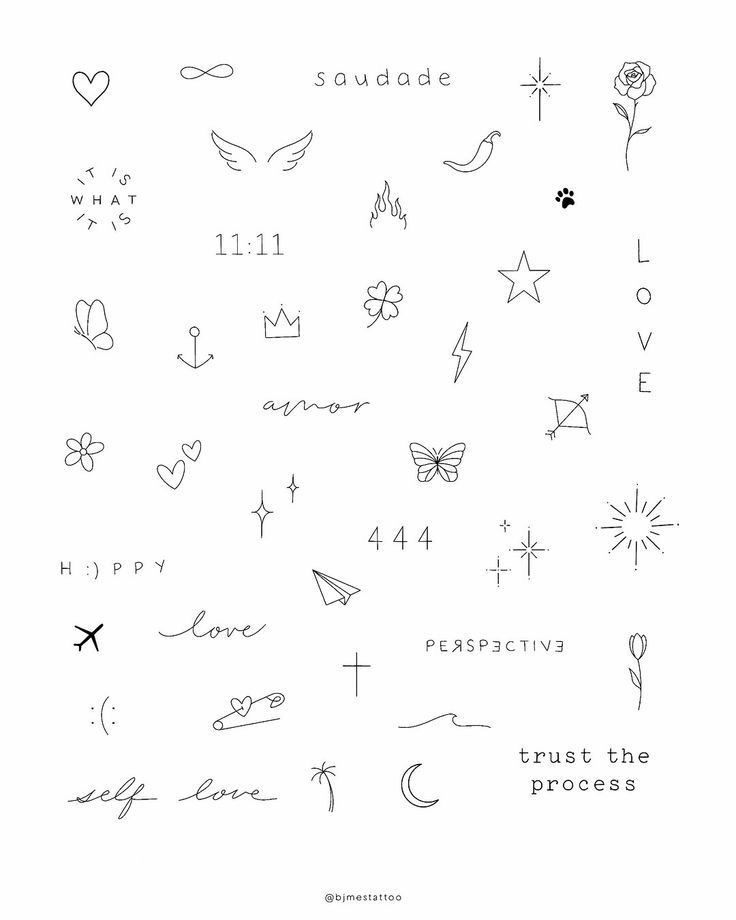 _ 11 Assorted minimalist tattoo designs featuring symbols and words like saudade, love, and trust the process. | Sky Rye Design Assorted minimalist tattoo designs featuring symbols and words like saudade, love, and trust the process.