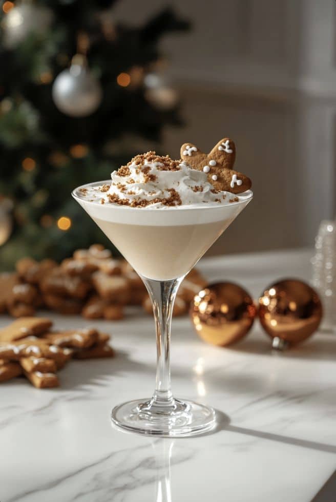 Festive gingerbread cocktail in a glass with whipped cream and cookie garnish, Christmas tree in background.