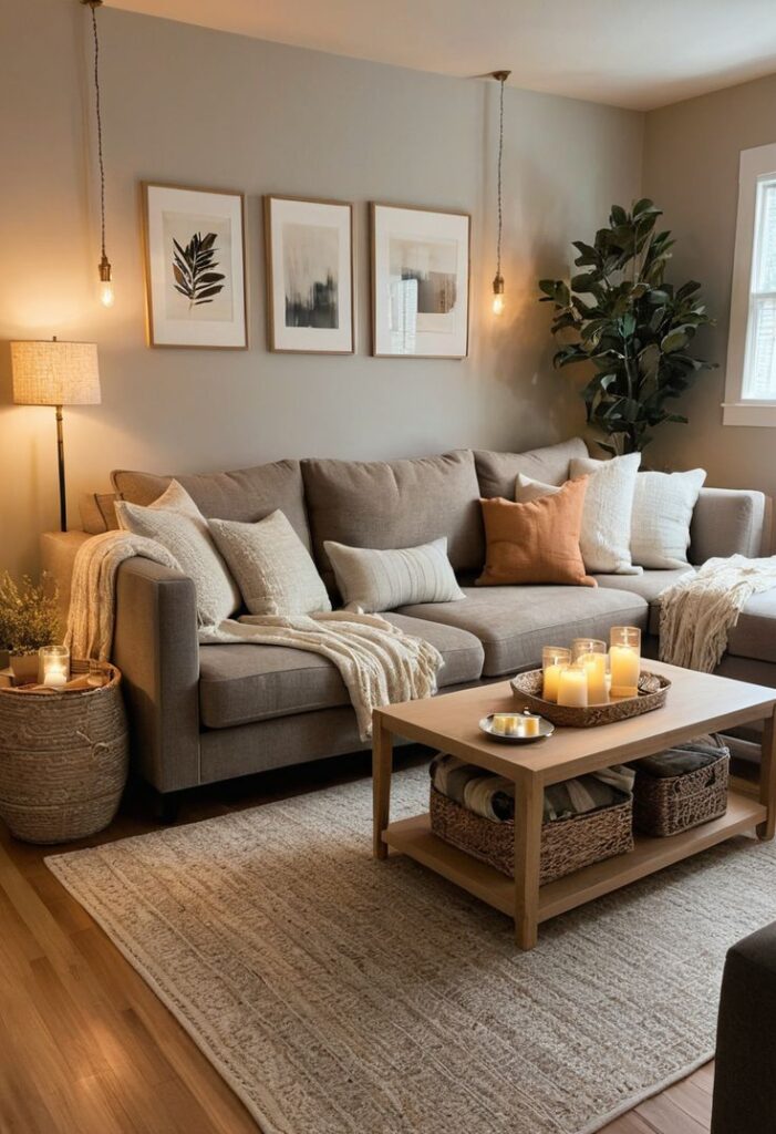 11094e11-3412-48dc-b38b-72ebc76b3f6f Cozy living room with a gray sectional, throw pillows, candles, and modern decor, creating a warm and inviting space. | Sky Rye Design Cozy living room with a gray sectional, throw pillows, candles, and modern decor, creating a warm and inviting space.