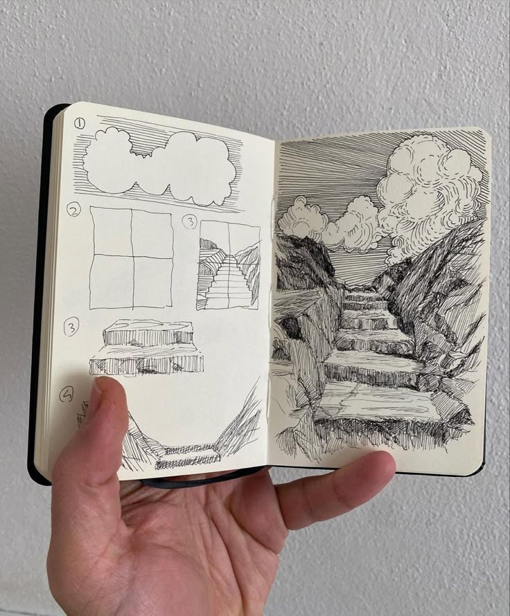 Hand holding sketchbook with black ink drawings of steps, clouds, and landscape sketches on both pages.