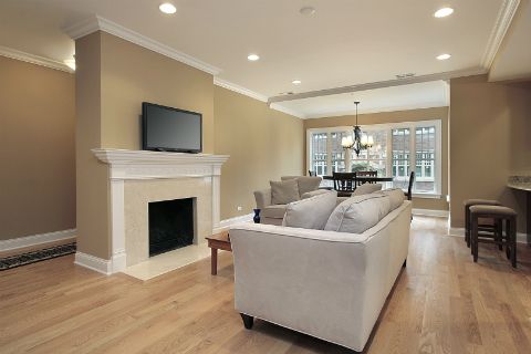Modern living room with beige walls, cozy sofa, fireplace, and dining area with chandelier, featuring hardwood floors.