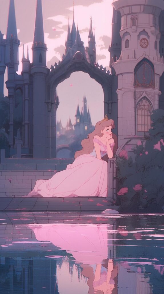 119b339f-e235-49db-a6c2-3e604e374f67 Princess in a pink gown sits by a dreamy castle, reflecting in a tranquil pond at twilight. | Sky Rye Design Princess in a pink gown sits by a dreamy castle, reflecting in a tranquil pond at twilight.