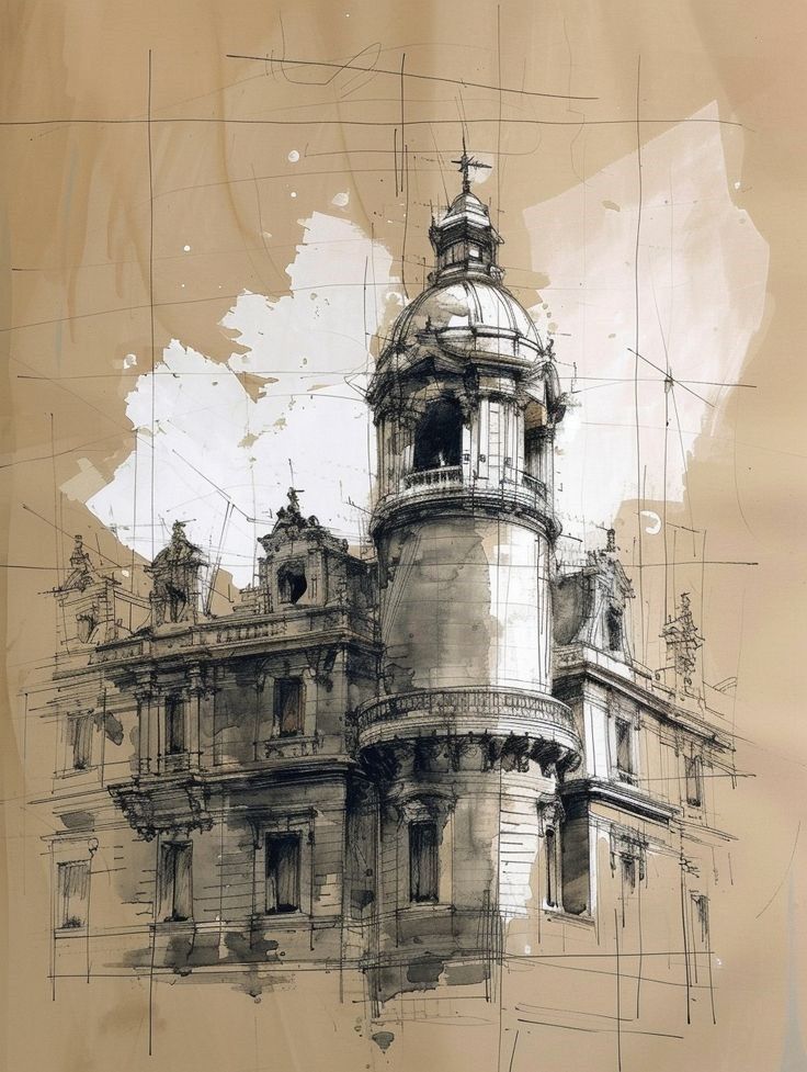 Architectural sketch of a historic building with detailed domed tower and ornate facade against a beige background.