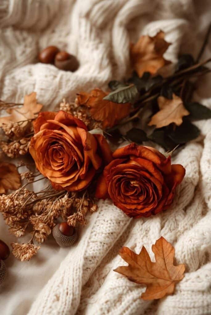 Autumn-themed decor with orange roses, dried leaves, and acorns on a cozy knit blanket.
