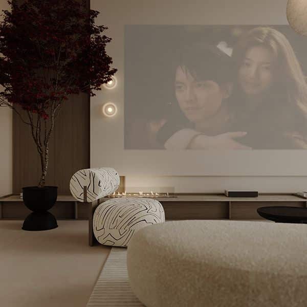_ 12 Stylish living room with cozy seating, large projection screen, and modern decor elements. | Sky Rye Design Stylish living room with cozy seating, large projection screen, and modern decor elements.