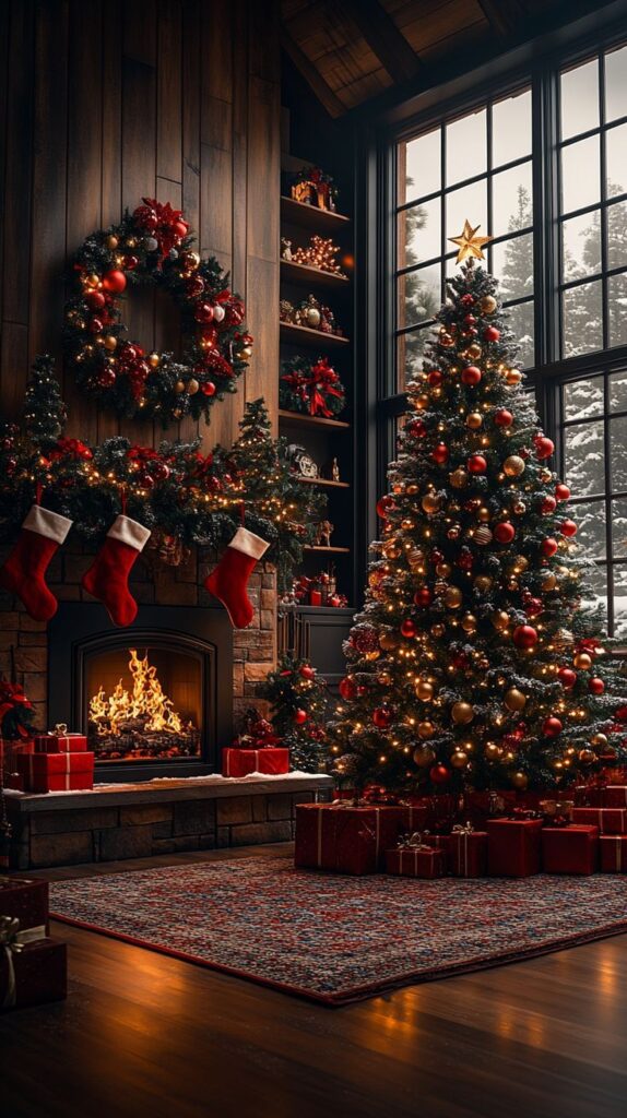 _ 12 Cozy Christmas living room with tree, stockings by fireplace, and presents, creating a festive holiday atmosphere. | Sky Rye Design Cozy Christmas living room with tree, stockings by fireplace, and presents, creating a festive holiday atmosphere.