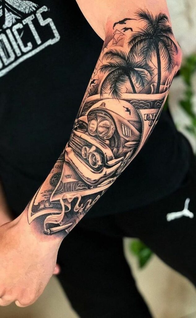 Realistic forearm tattoo with vintage car, palm trees, and cursive script on a person in black clothing.