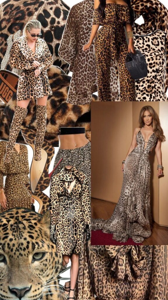 Collage of leopard print fashion featuring dresses, coats, and accessories with a chic and wild style.