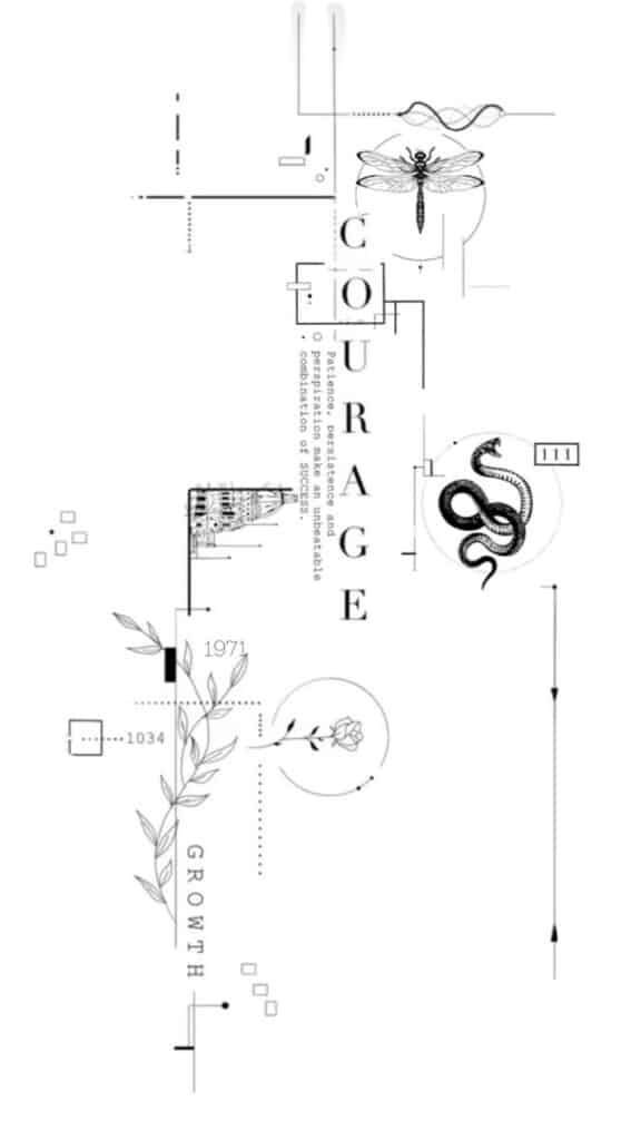 _ 12 Abstract art featuring a dragonfly, snake, and rose with the words courage and growth in a minimalistic design. | Sky Rye Design Abstract art featuring a dragonfly, snake, and rose with the words courage and growth in a minimalistic design.