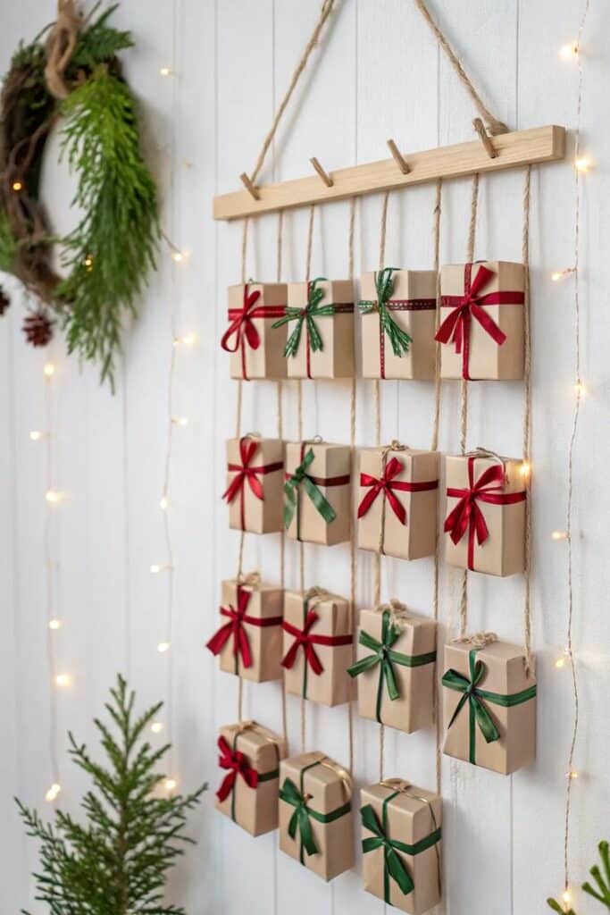 12+ Creative DIY Advent Calendar Ideas Rustic DIY advent calendar with wrapped gifts and festive ribbons hanging on a wooden rack against a white wall. | Sky Rye Design Rustic DIY advent calendar with wrapped gifts and festive ribbons hanging on a wooden rack against a white wall.