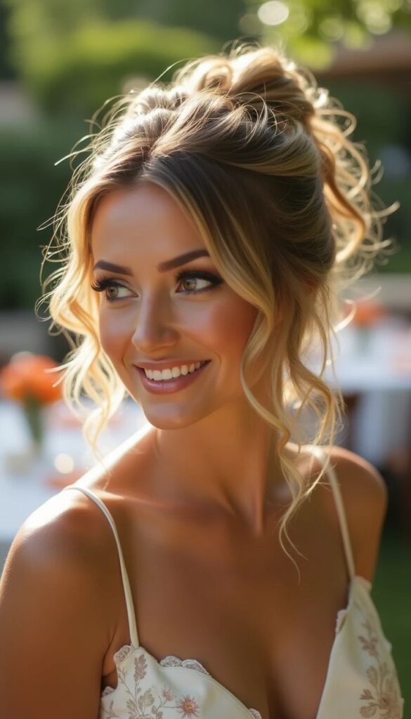 Elegant woman with styled blonde hair smiling outdoors in a floral dress, embracing natural beauty in sunlight.