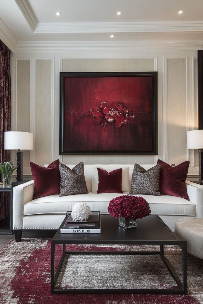 12 Ways to Design a Stunning Burgundy Living Room Elegant living room with a white sofa, red pillows, modern art, and a sleek coffee table with a floral centerpiece. | Sky Rye Design Elegant living room with a white sofa, red pillows, modern art, and a sleek coffee table with a floral centerpiece.