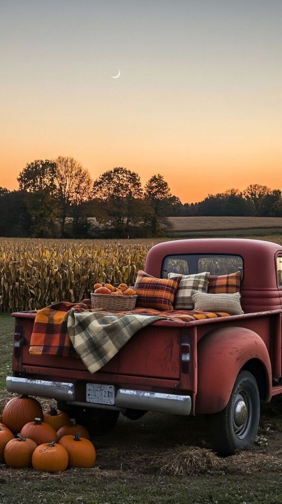Vintage red truck with cozy plaid blankets and pumpkins in a field at sunset, autumn scene.