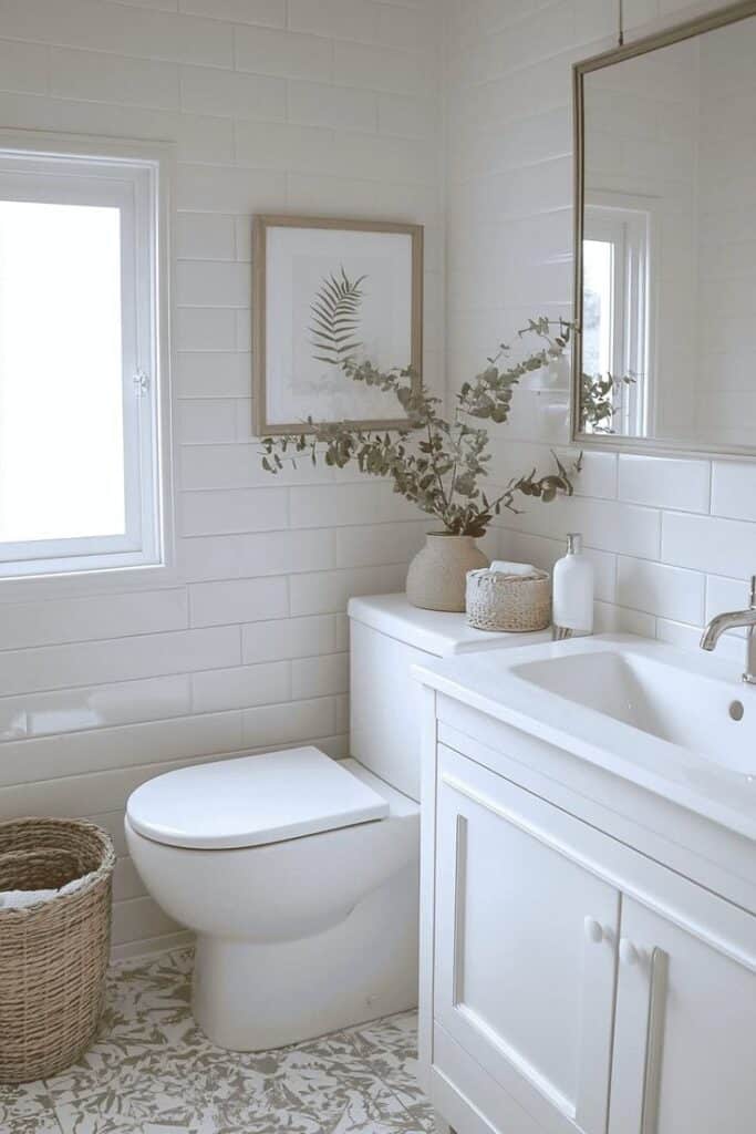 _ 13 Modern white bathroom with plants, wicker basket, and geometric floor tiles for a stylish, natural decor. | Sky Rye Design Modern white bathroom with plants, wicker basket, and geometric floor tiles for a stylish, natural decor.