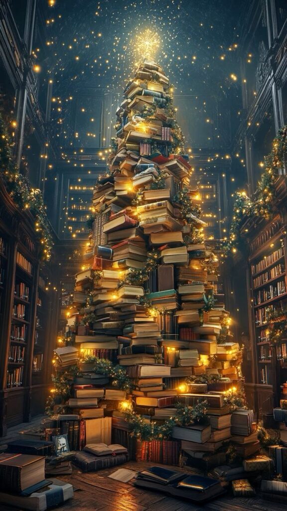 _ 13 Stacked books form a Christmas tree adorned with lights in a cozy library setting, creating a festive ambiance. | Sky Rye Design Stacked books form a Christmas tree adorned with lights in a cozy library setting, creating a festive ambiance.