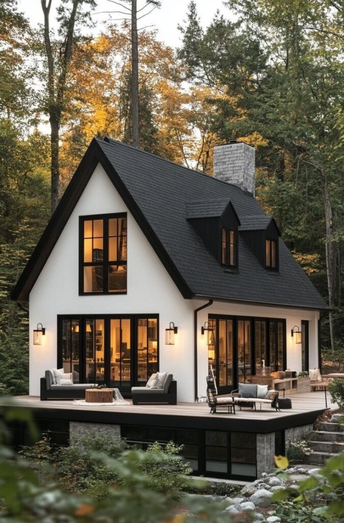 Charming modern cabin with large windows and porch in a forest setting during autumn.