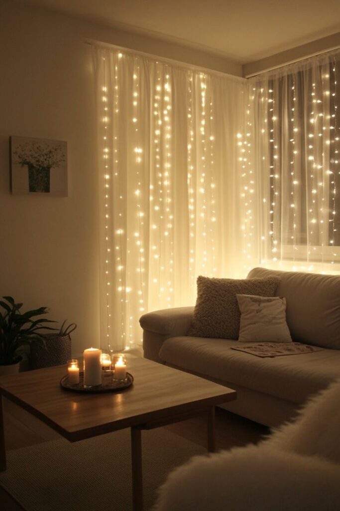 Cozy living room with fairy lights and candles, perfect for a warm, inviting ambiance.