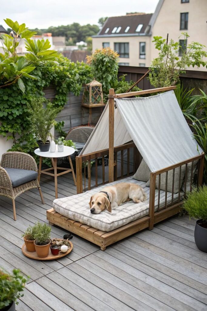 13+ Cozy Outdoor Dog Bed Ideas for Your Pet Dog relaxing on a wooden bed in a cozy, plant-filled rooftop terrace oasis with a small table and chairs. | Sky Rye Design Dog relaxing on a wooden bed in a cozy, plant-filled rooftop terrace oasis with a small table and chairs.