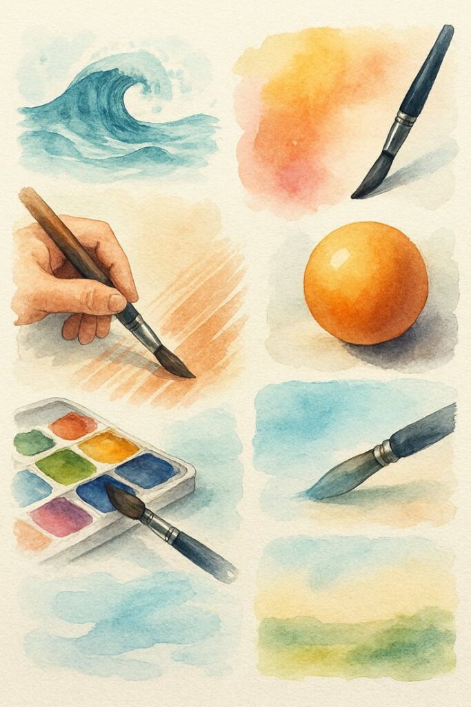 Watercolor techniques: brushes, palette, wave, sphere, and hand painting abstract strokes on textured paper.
