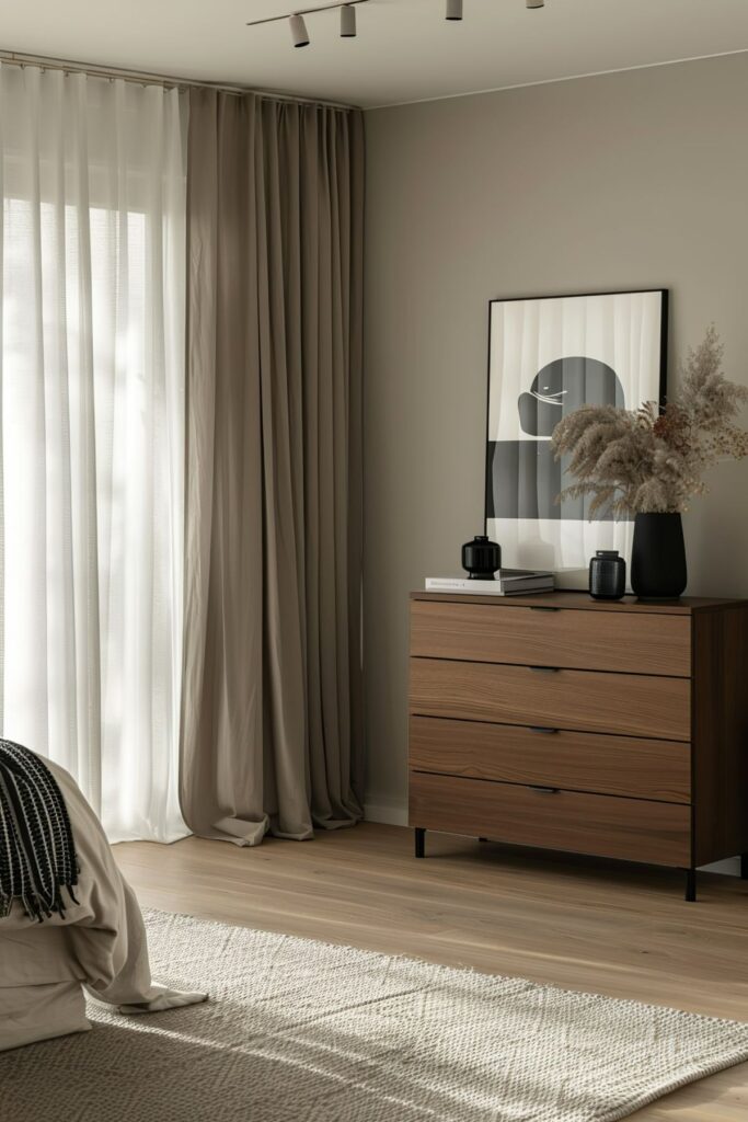 130e46bff86fed14f175ee40ac58dd5f Modern bedroom with beige curtains, wood dresser, abstract art, and cozy decor accents. | Sky Rye Design Modern bedroom with beige curtains, wood dresser, abstract art, and cozy decor accents.
