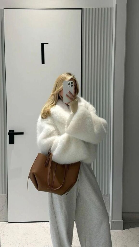 Fashionable woman in a fluffy white coat and gray pants taking a mirror selfie with a brown handbag.