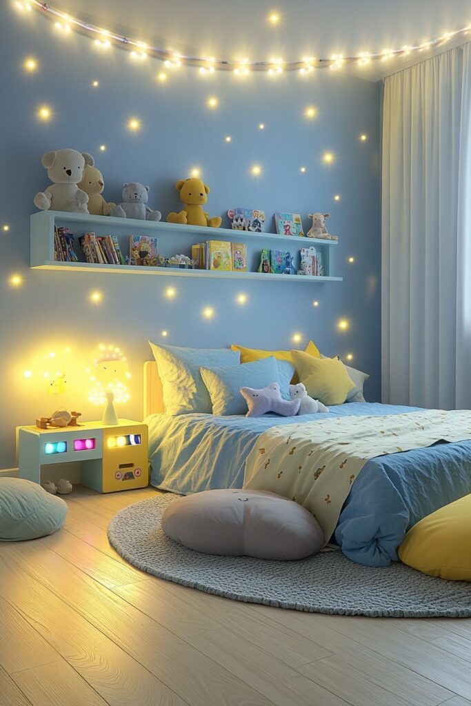 1335a7ae7962cefeab73c65a9b02cea1 Cozy children's bedroom with blue walls, glowing string lights, shelf with toys, and a bed with plush cushions. | Sky Rye Design Cozy children's bedroom with blue walls, glowing string lights, shelf with toys, and a bed with plush cushions.