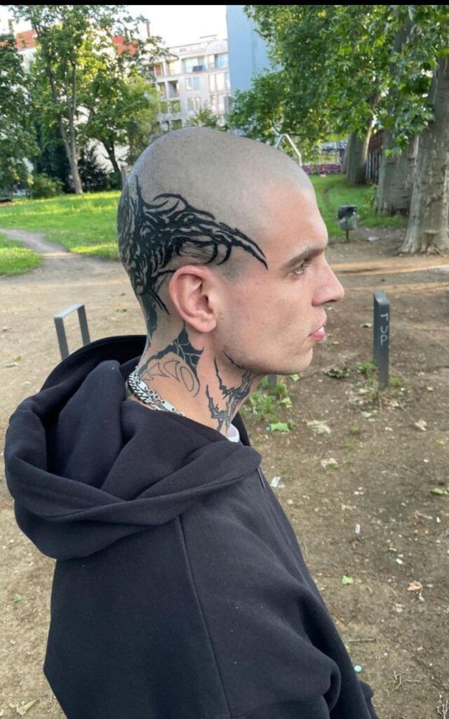 137d3552fbc5fe03d11c359dac41e10a Profile view of a person with intricate head and neck tattoos, wearing a black hoodie outdoors. | Sky Rye Design Profile view of a person with intricate head and neck tattoos, wearing a black hoodie outdoors.