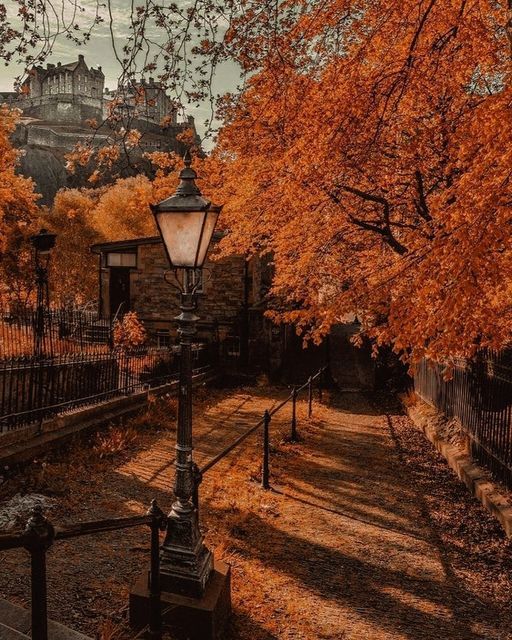 Autumn path with vintage lamp and castle on hill, surrounded by orange foliage and trees, creating a warm fall atmosphere.