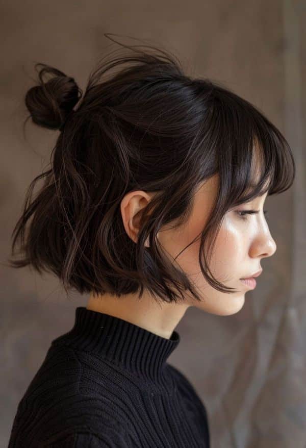 Side profile of woman with short wavy bob and top knot, wearing black turtleneck against neutral background.