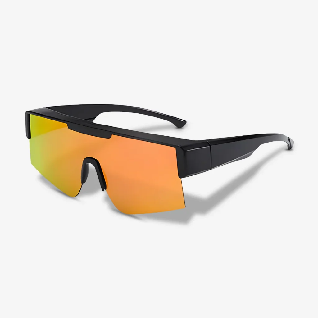 14 Futuristic black sunglasses with orange reflective lens on a white background. Ideal for style and eye protection. | Sky Rye Design Futuristic black sunglasses with orange reflective lens on a white background. Ideal for style and eye protection.