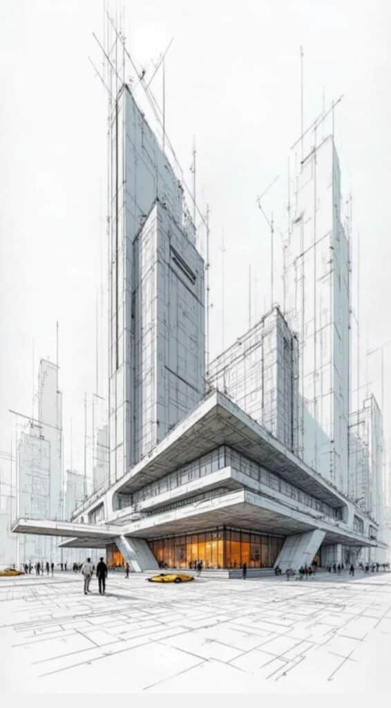 Futuristic cityscape illustration with skyscrapers and urban street scene, featuring yellow cars and pedestrians.