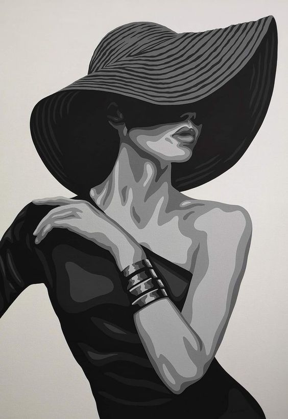 Stylish woman in large hat, monochrome art, elegant pose, wearing black dress and bracelet. Fashion illustration.
