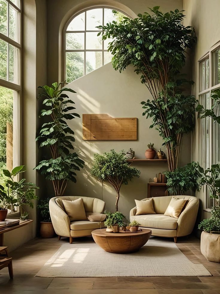 _ 14 Cozy sunlit living room with indoor plants, plush seating, and wooden coffee table near large windows. | Sky Rye Design Cozy sunlit living room with indoor plants, plush seating, and wooden coffee table near large windows.