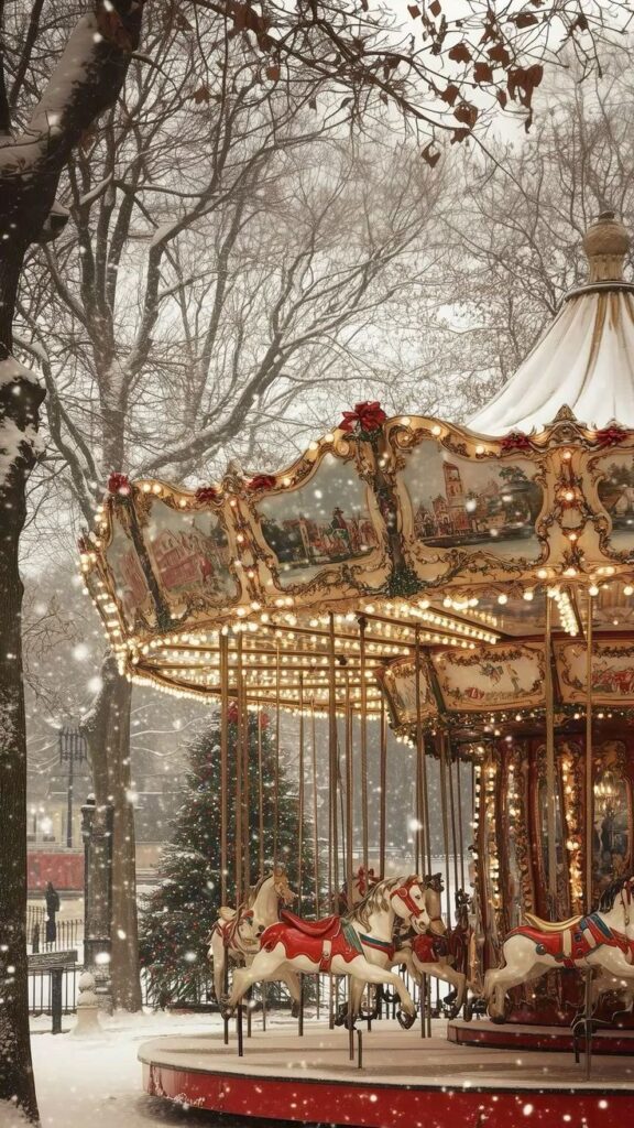 _ 14 Vintage carousel in a snowy park with festive decorations and lights, evoking a nostalgic winter wonderland scene. | Sky Rye Design Vintage carousel in a snowy park with festive decorations and lights, evoking a nostalgic winter wonderland scene.