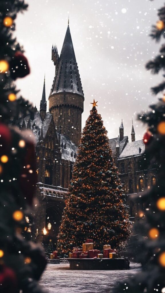 _ 14 Festive Christmas tree with lights and gifts in a snowy castle courtyard, creating a magical winter scene. | Sky Rye Design Festive Christmas tree with lights and gifts in a snowy castle courtyard, creating a magical winter scene.