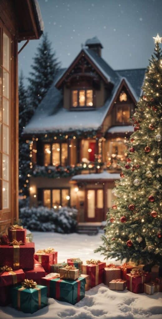 Cozy Christmas scene with a decorated tree, gifts, snow, and a warmly lit house in the background.