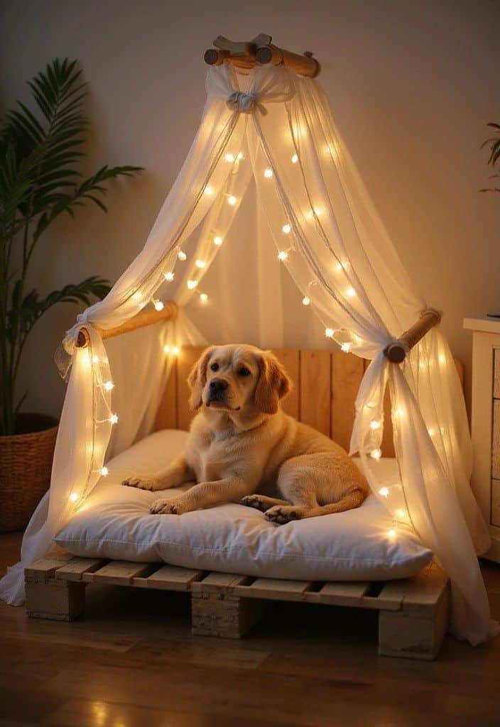 14 Cozy Pallet Pet Bed Ideas That Your Furry Friends Will Adore Check Out 5 Golden retriever resting on a cozy canopy bed with soft lights, creating a warm and charming atmosphere. | Sky Rye Design Golden retriever resting on a cozy canopy bed with soft lights, creating a warm and charming atmosphere.