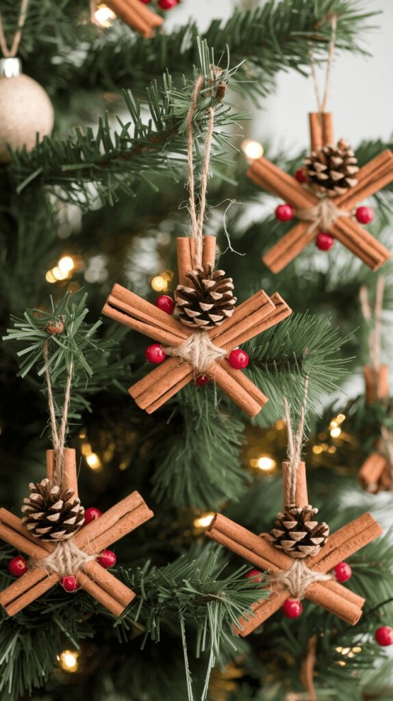 Cinnamon stick ornaments with pinecones and red berries hanging on a Christmas tree, surrounded by lights. Christmas craft