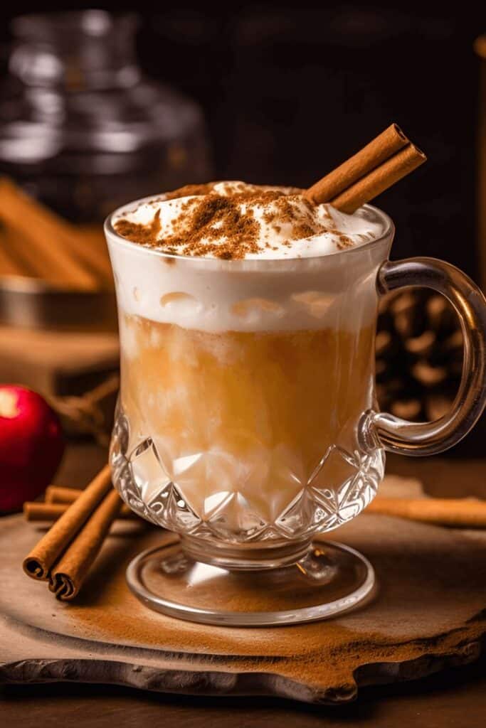 Warm spiced latte with whipped cream and cinnamon stick in a glass mug, perfect for cozy autumn evenings.
