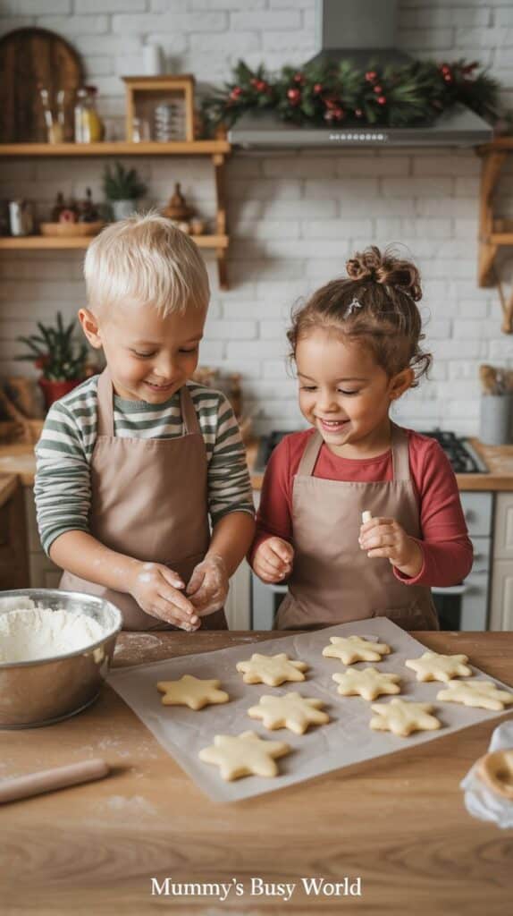 14 Sibling Christmas Traditions to Share Joy This Holiday Children baking star-shaped cookies together in a cozy kitchen wearing aprons, having fun with dough. | Sky Rye Design Children baking star-shaped cookies together in a cozy kitchen wearing aprons, having fun with dough.