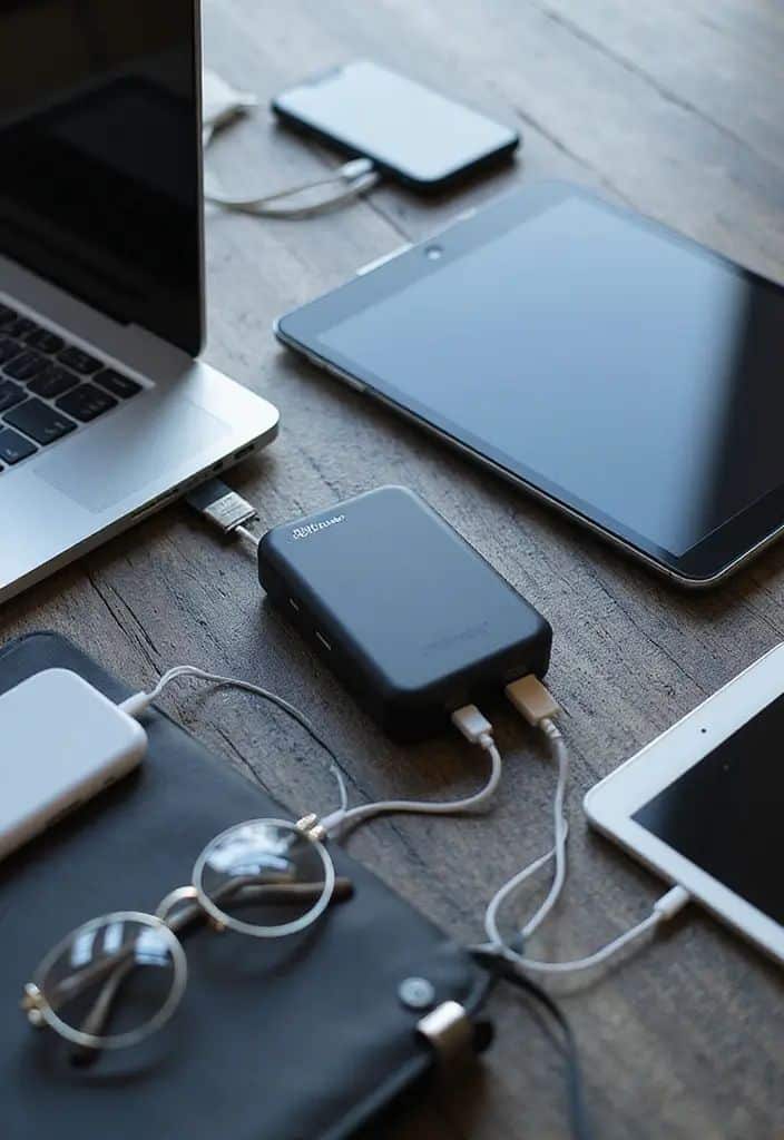 Multiple electronic devices charging on a wooden table, including a laptop, tablet, and phones with cables.