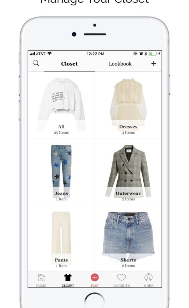 App screen showcasing closet organization with categories for clothes: all, dresses, jeans, outerwear, pants, shorts.