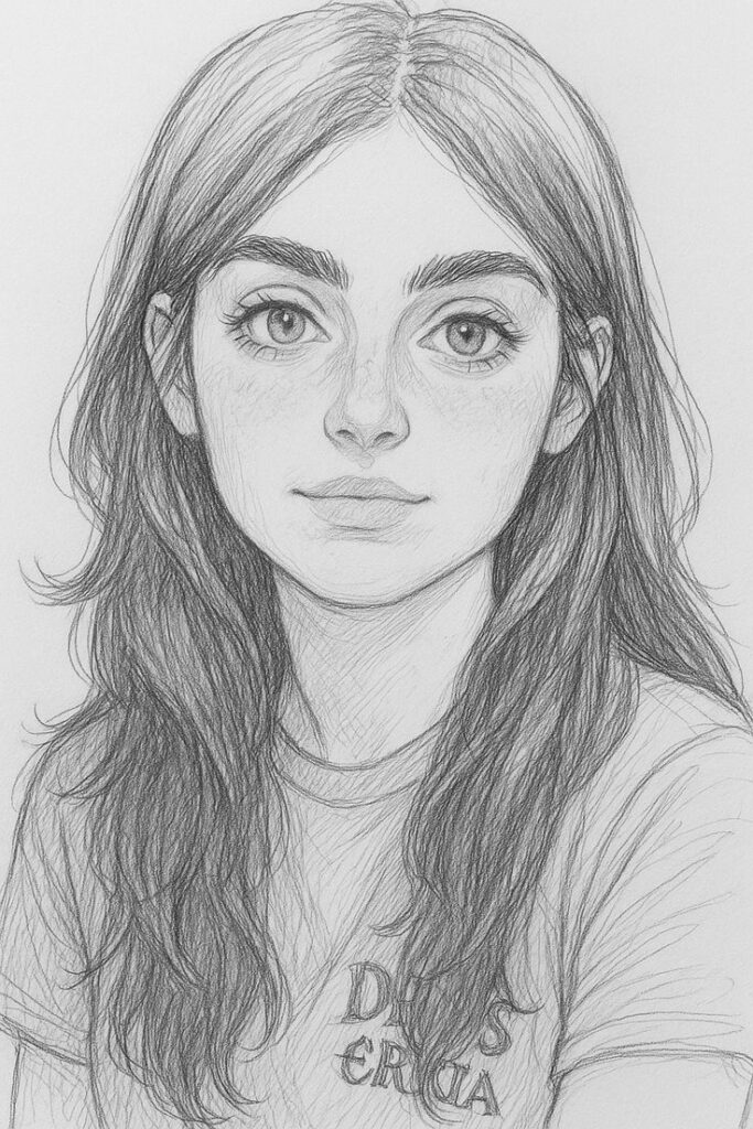 1493a4e9c425128a676bb7da68c4e96a Pencil sketch of a young woman with long hair and expressive eyes, wearing a printed shirt. | Sky Rye Design Pencil sketch of a young woman with long hair and expressive eyes, wearing a printed shirt.