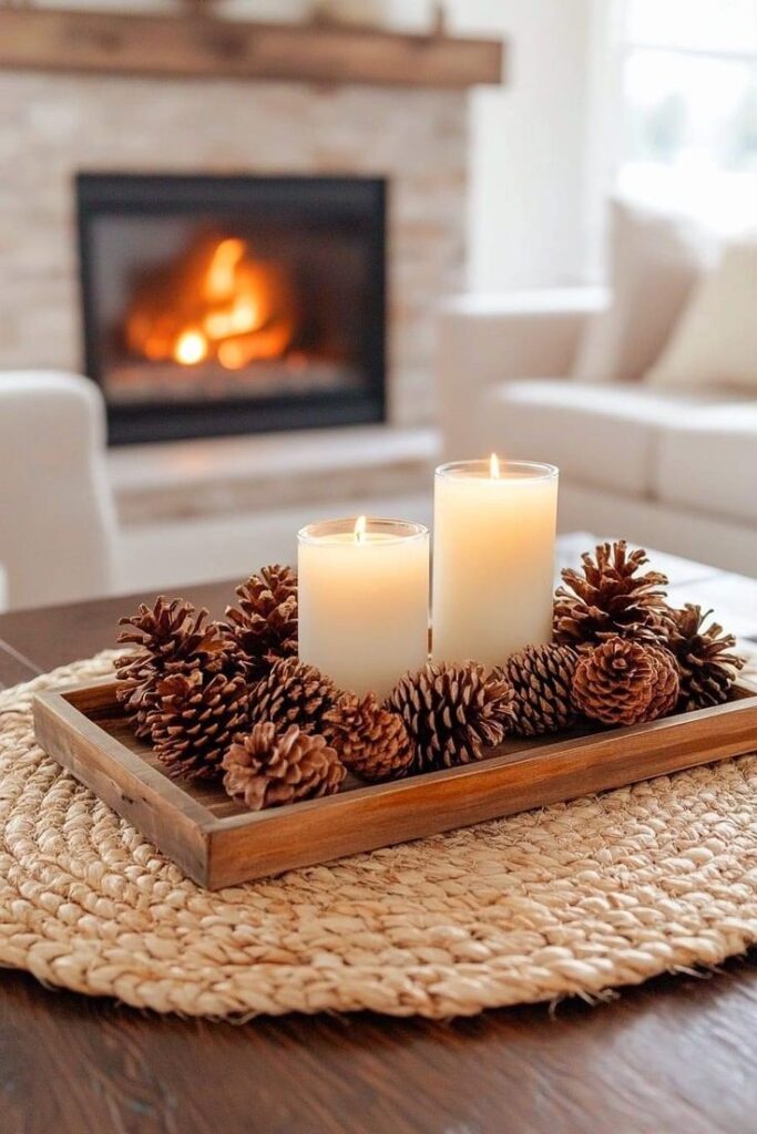_ 15 Cozy living room decor with candles and pinecones on a wooden tray, warm fireplace in the background. | Sky Rye Design Cozy living room decor with candles and pinecones on a wooden tray, warm fireplace in the background.