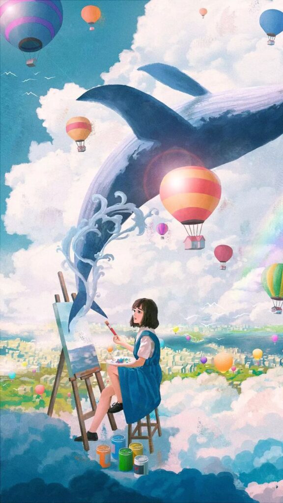 Surreal painting of a girl painting a whale in the sky, surrounded by clouds and colorful hot air balloons.