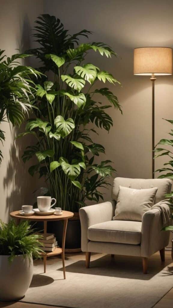 _ 15 Cozy living room corner with armchair, table, lush plants, and a warm floor lamp. | Sky Rye Design Cozy living room corner with armchair, table, lush plants, and a warm floor lamp.