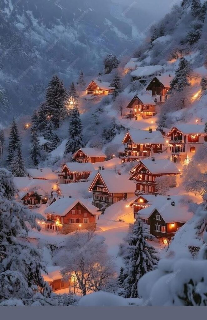 _ 15 Snow-covered alpine village with warm glowing lights on a winter evening, surrounded by trees and mountains. | Sky Rye Design Snow-covered alpine village with warm glowing lights on a winter evening, surrounded by trees and mountains.
